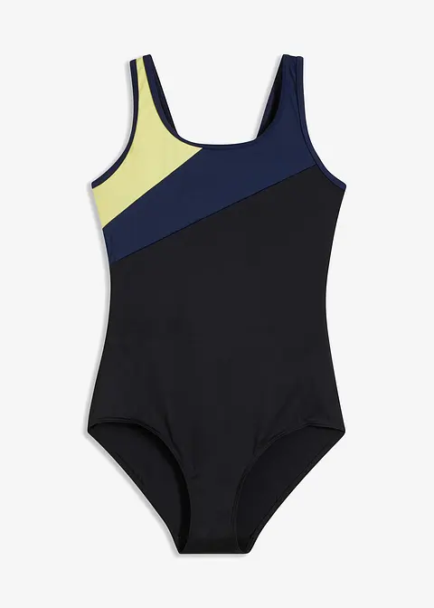 Schnelltrocknender Sport-Badeanzug mit Kontrast-Einsätzen in schwarz von vorne - bonprix