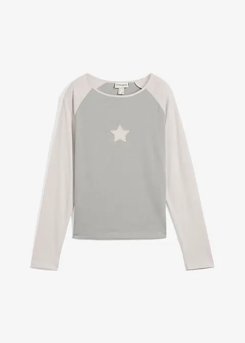 Zweifarbiges Langarmshirt mit Stickerei in grau von vorne - bonprix
