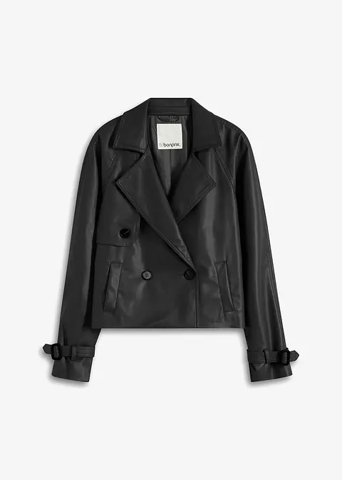 kurzer Lederimitat-Trenchcoat in schwarz von vorne - bonprix