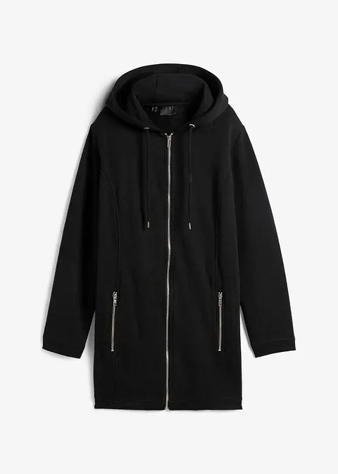 Long-Sweatjacke mit Reißverschlusstaschen in schwarz von vorne - bonprix