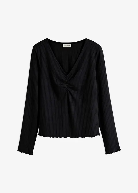 Rippshirt mit V-Ausschnitt in schwarz von vorne - bonprix