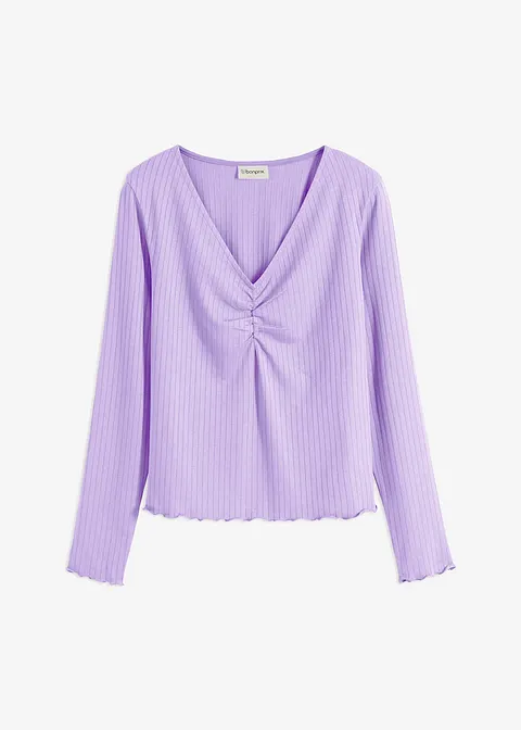 Rippshirt mit V-Ausschnitt in lila von vorne - bonprix