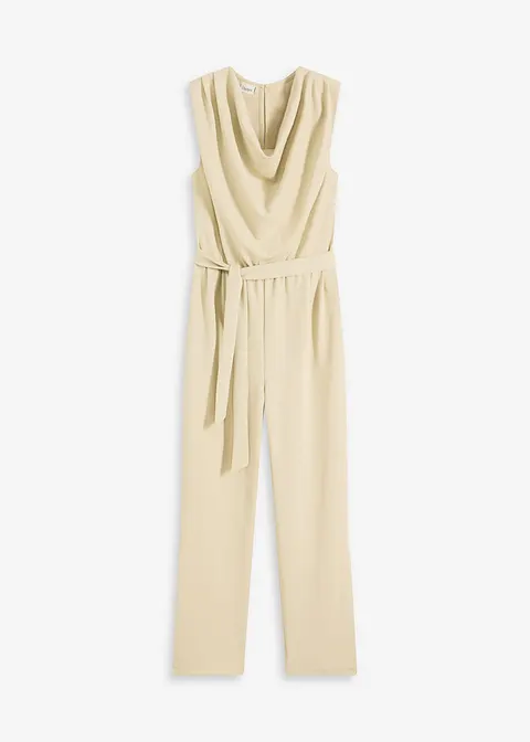 Jersey-Jumpsuit mit Schulterpolster in beige von vorne - bonprix