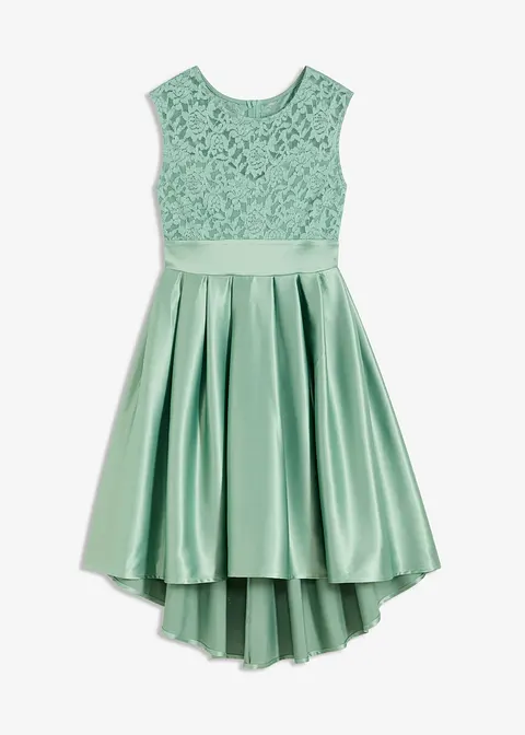 Vokuhila-Kleid aus glänzendem Satin mit Spitze in grün von vorne - bonprix