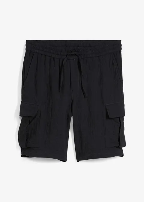 Regular Fit Bermuda aus luftigem Musselin in schwarz von vorne - bonprix