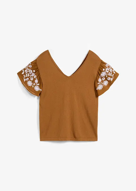 Stricktop mit Seidenanteil und Chiffonärmeln in braun von vorne - bonprix