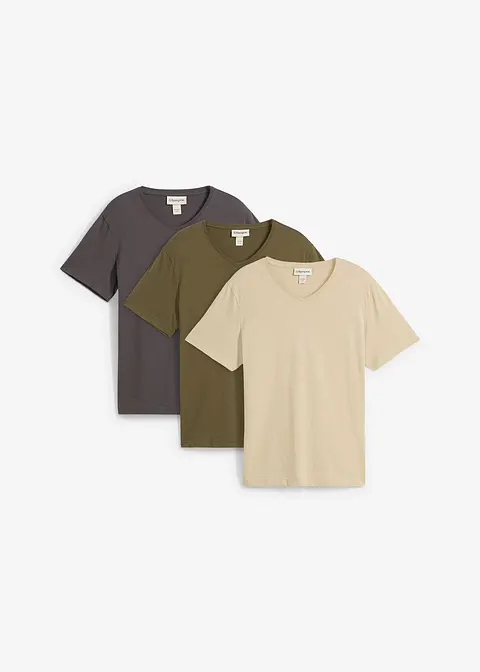 T-Shirt mit V-Ausschnitt (3er Pack) in beige von vorne - bonprix