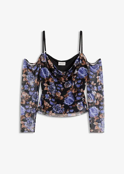 Cold-Shoulder-Shirt aus leichtem Mesh in schwarz von vorne - bonprix
