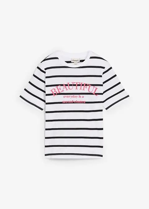 Gestreiftes T-Shirt aus reiner Baumwolle in weiß von vorne - bonprix