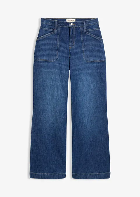 Wide-Leg-Jeans Mid Waist mit aufgesetzten Taschen in blau von vorne - bonprix