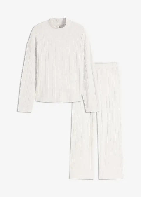 Weit geschnittener Loungewear Hausanzug aus weicher Rippe in weiß von vorne - bonprix