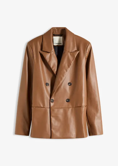 Doppelreihiger Blazer mit Taschen aus softem Lederimitat braun