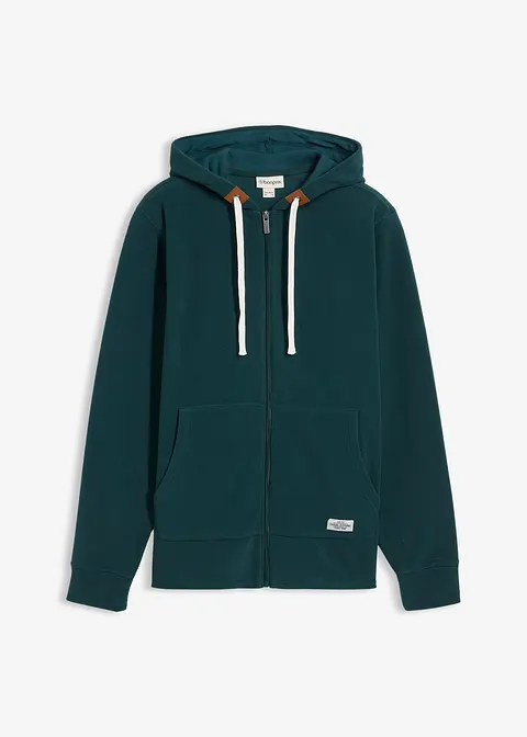 Fleecejacke mit Kapuze und aufgesetzten Taschen in grün von vorne - bonprix