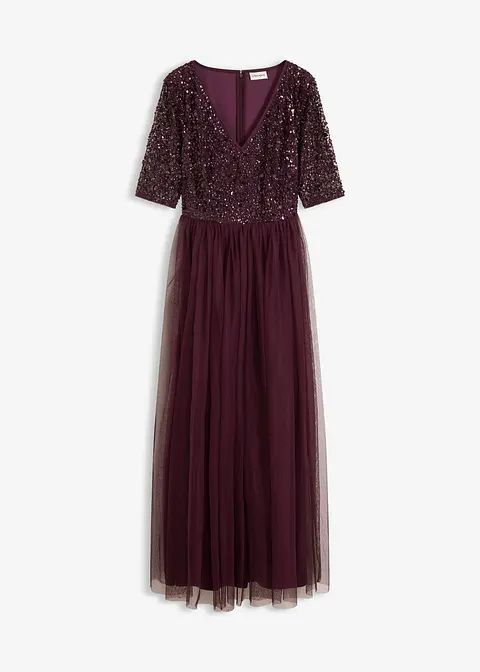 Abendkleid aus zartem Tüll mit Paillettenstickerei in braun von vorne - bonprix