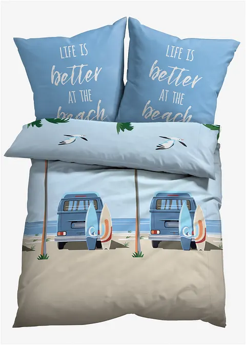 Bettwäsche mit Auto und Palmen am Strand in blau von vorne - bonprix