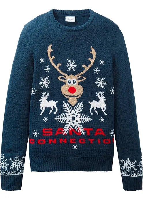 Feinstrickpullover mit Weihnachtsmotiv in blau von vorne - bonprix