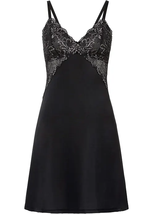 Negligé aus glänzendem Satin mit Spitzenbesatz in schwarz von vorne - bonprix
