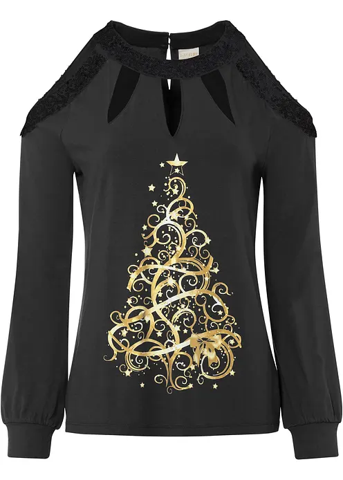 Shirt mit Weihnachtsmotiv in schwarz von vorne - BODYFLIRT boutique
