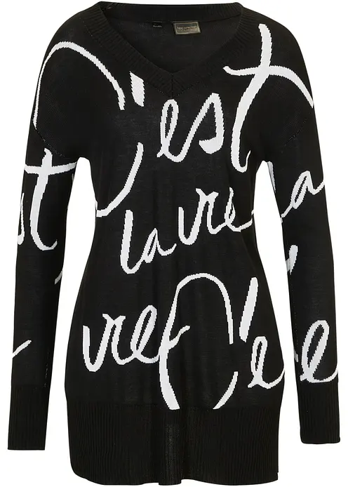 Longpullover mit Schriftzug in schwarz von vorne - bonprix