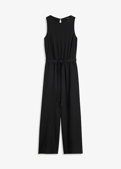 Jersey-Jumpsuit aus strukturiertem Crêpe in schwarz von vorne - bonprix