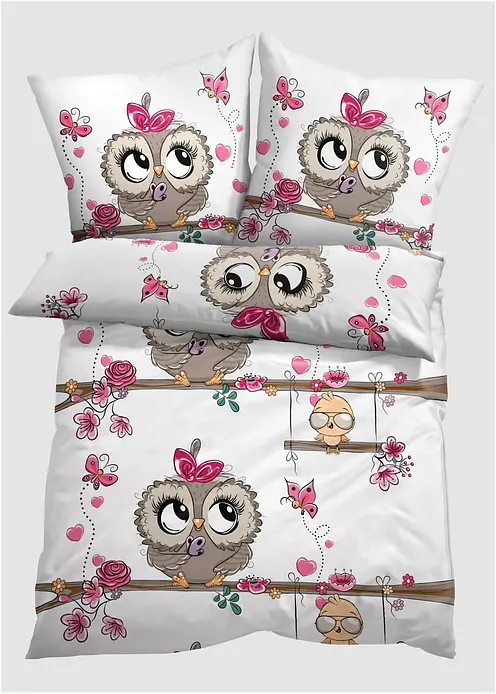 Bettwäsche mit Eulen in weiß - bonprix