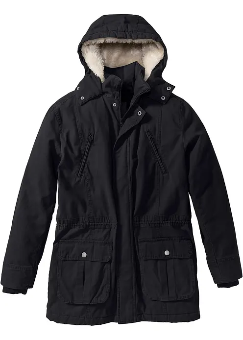 Winter-Parka mit Teddy-Kapuze in schwarz von vorne - bonprix