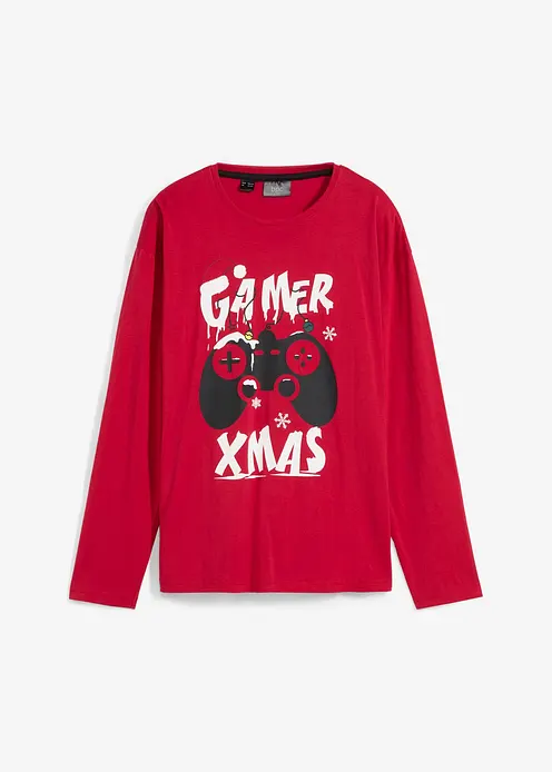 Langarmshirt mit Weihnachtsmotiv aus reiner Bio-Baumwolle in rot von vorne - bonprix