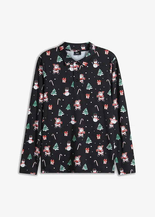 Poloshirt mit Weihnachtsmotiv aus Baumwolle in schwarz von vorne - bonprix