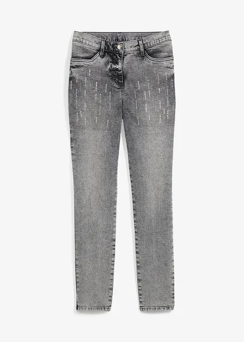 Stretch-Jeans mit Glitzersteinchen in grau von vorne - bonprix
