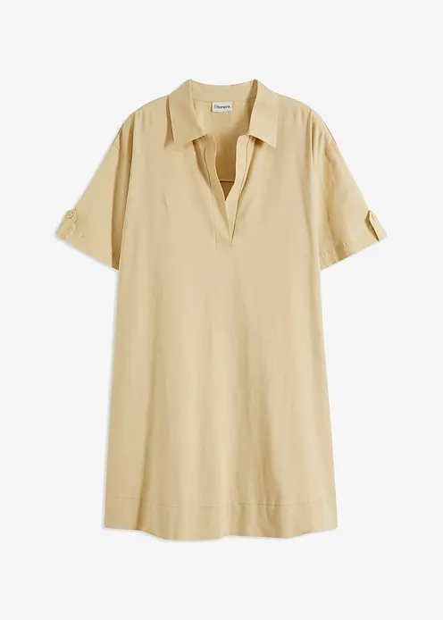 Hemdblusenkleid aus elastischem Bio-Baumwoll-Mix in beige von vorne - bonprix