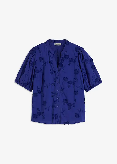 Kurzarmbluse aus reiner Baumwolle in blau von vorne - bonprix