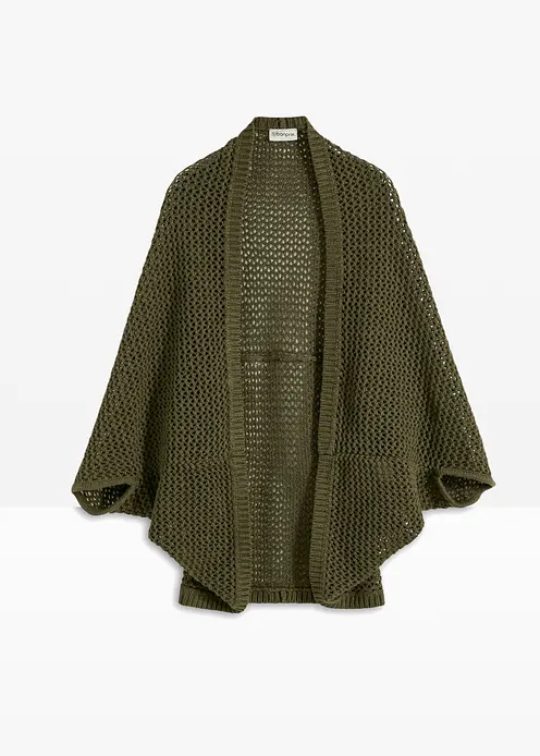 Ajourstrick-Poncho mit Leinenanteil in grün von vorne - bonprix