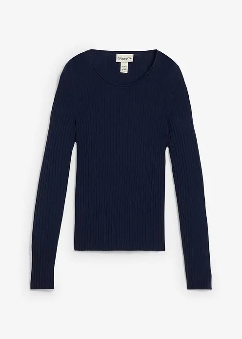 Rippenpullover aus Merinowolle in blau von vorne - bonprix