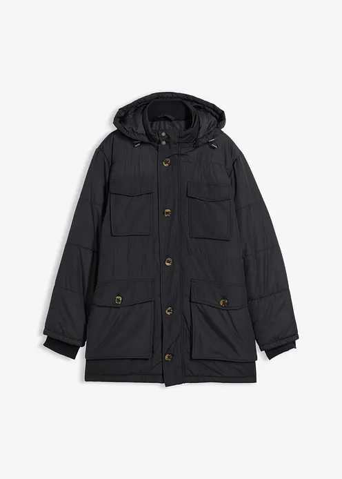 wattierter Stepp-Parka mit aufgesetzten Taschen und abnehmbarer Kapuze in schwarz von vorne - bonprix