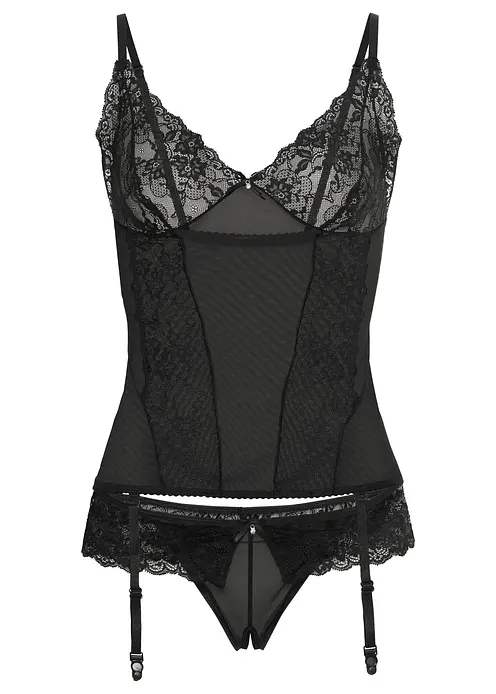 Corsage mit Strapshaltern + String ouvert (2-tlg.Set) in schwarz von vorne - bonprix