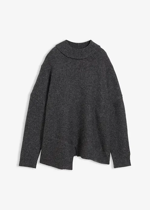 Pullover mit asymmetrischem Saumverlauf und Wollanteil in grau von vorne - bonprix