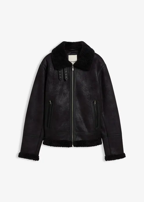 Lederimitat-Jacke mit Teddyfutter in schwarz von vorne - bonprix