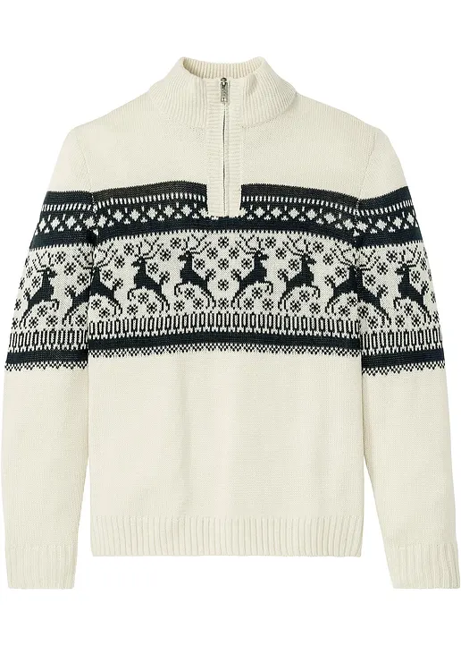 Norweger-Pullover mit Troyerkragen in beige von vorne - bonprix