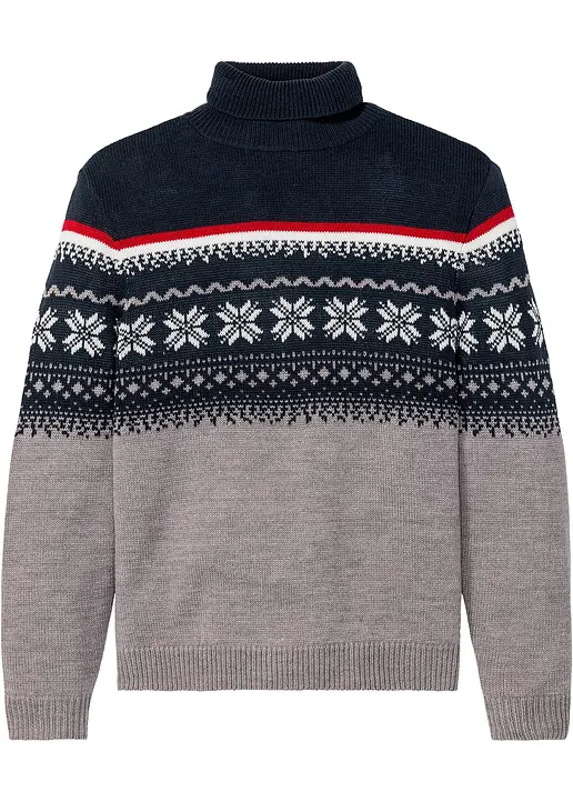 Norweger-Pullover mit Rollkragen in grau von vorne - bonprix
