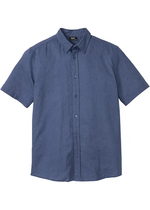 Kurzarmhemd mit Leinen in blau von vorne - bonprix