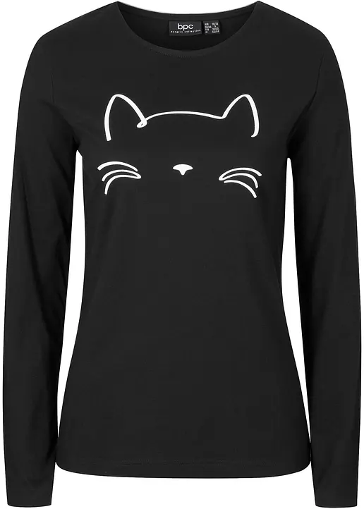 Langarmshirt mit Katzendruck in schwarz von vorne - bonprix