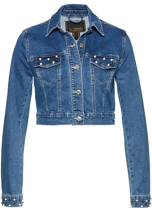 Jeans- Bolero mit Perlen in blau von vorne - bonprix