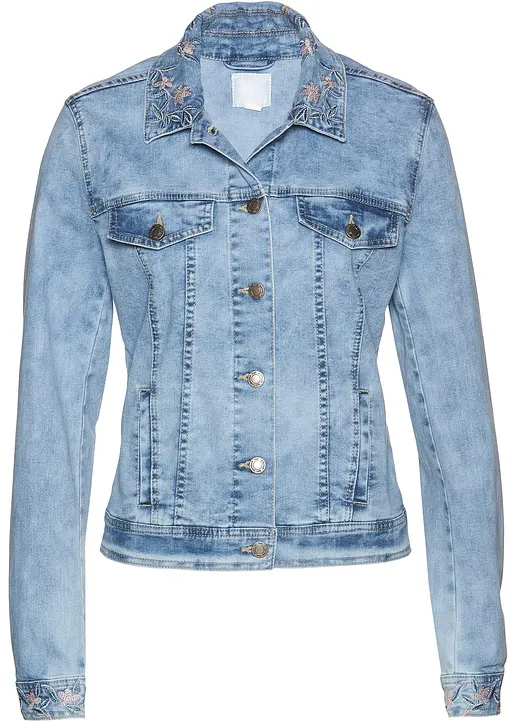 Jeansjacke mit Stickerei in blau von vorne - bonprix