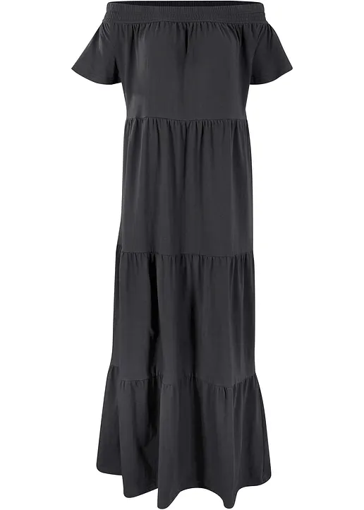 Baumwoll-Jersey-Maxikleid mit Volants und Carmenausschnitt in schwarz von vorne - bonprix