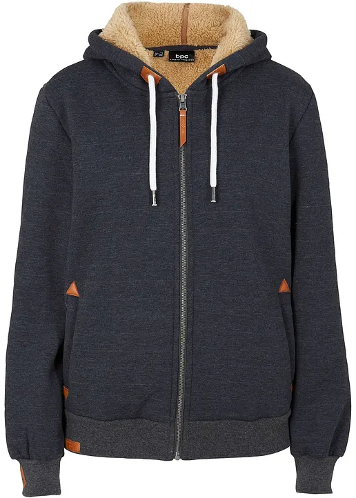 Kapuzen-Sweatjacke mit Teddyfutter in grau von vorne - bonprix