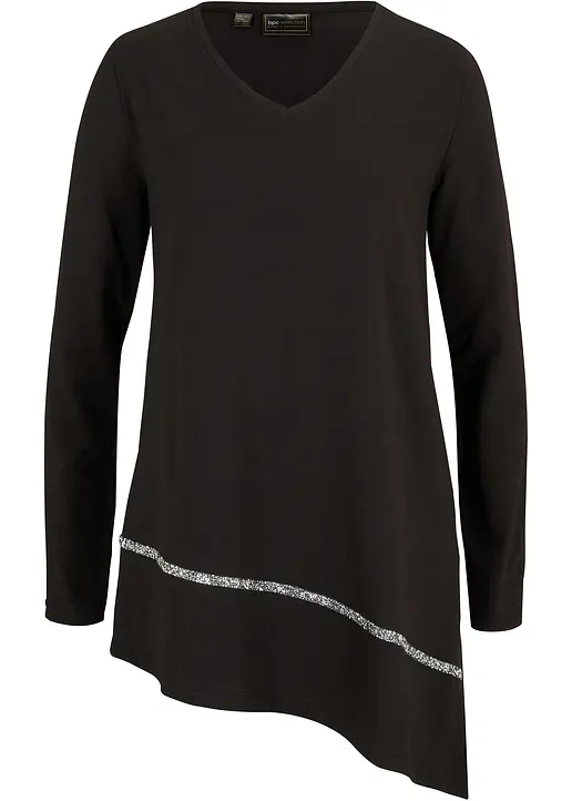 Longshirt mit asymmetrischen Schnitt und Glitzer in schwarz von vorne - bonprix
