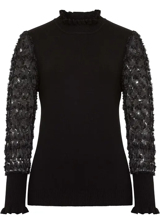 Rollkragenpullover mit dekorativen Chiffonärmeln in schwarz von vorne - bonprix