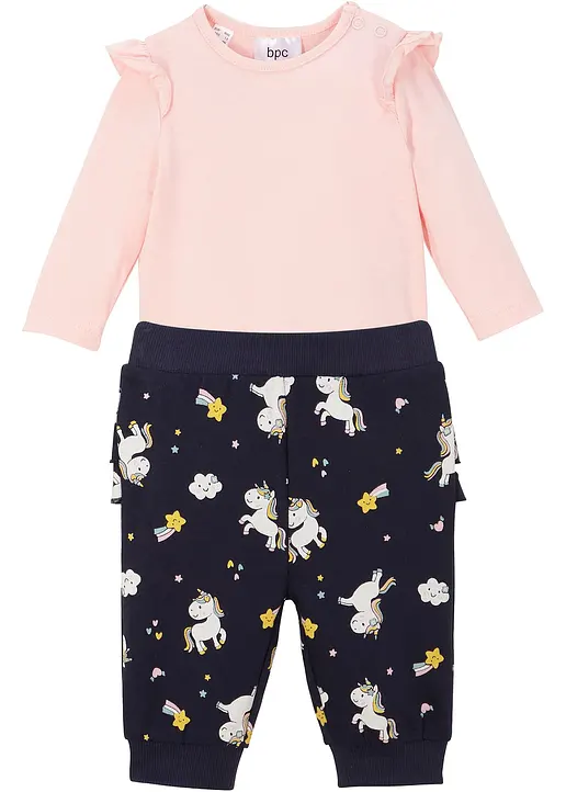 Langarmbody und Sweathose aus Bio-Baumwolle (2-tlg.Set) in rosa von vorne - bonprix