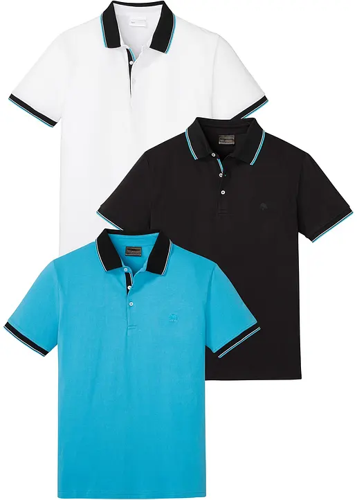 Piqué-Poloshirt (3er Pack) aus reiner Baumwolle in blau von vorne - bonprix