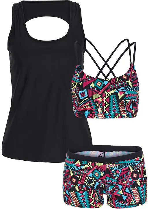 Tankini (3-tlg. Set) mit Bustier-Bikinioberteil in schwarz von vorne - bonprix